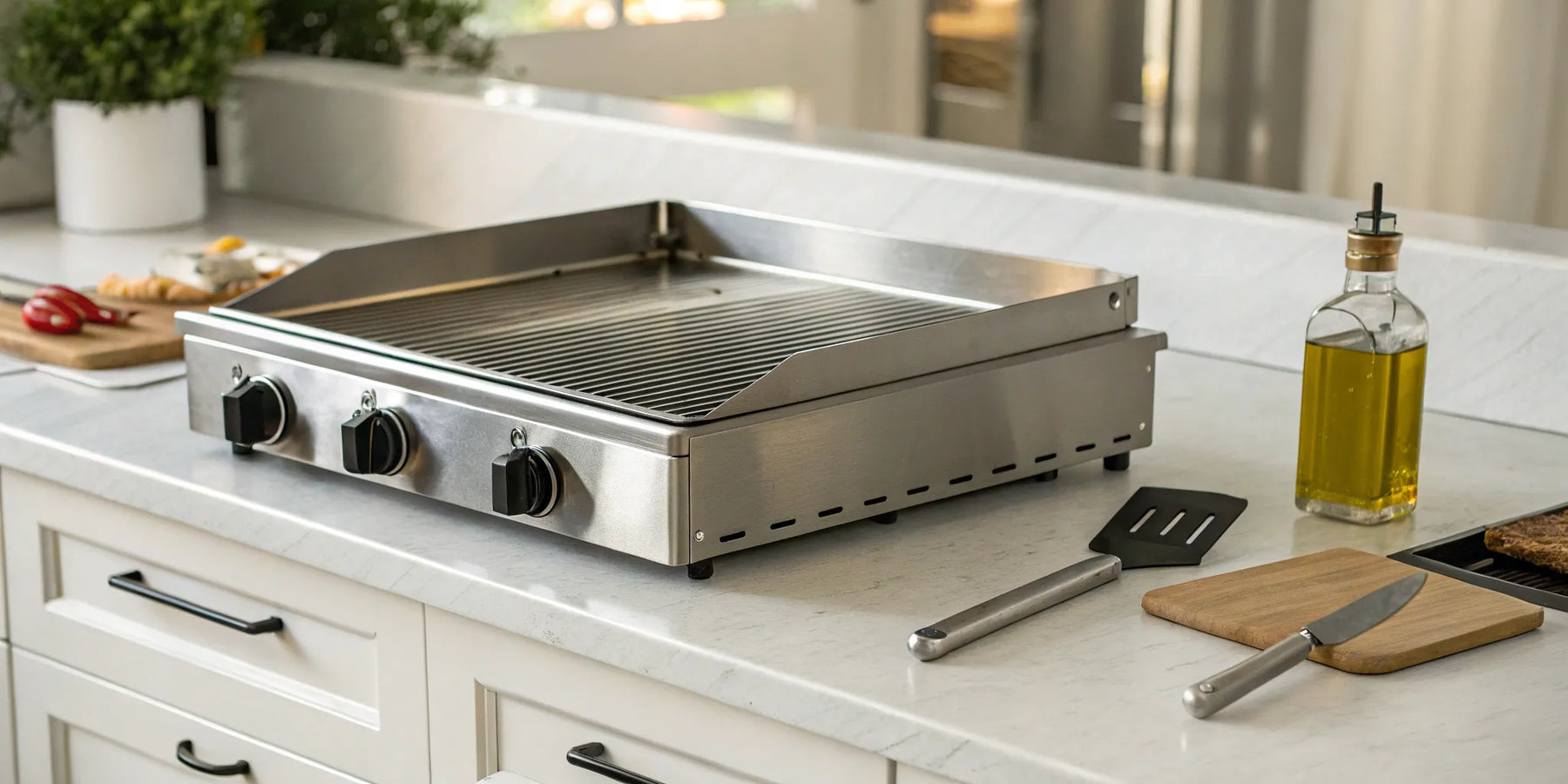 A propane flat top grill with a large, steel cooking surface.