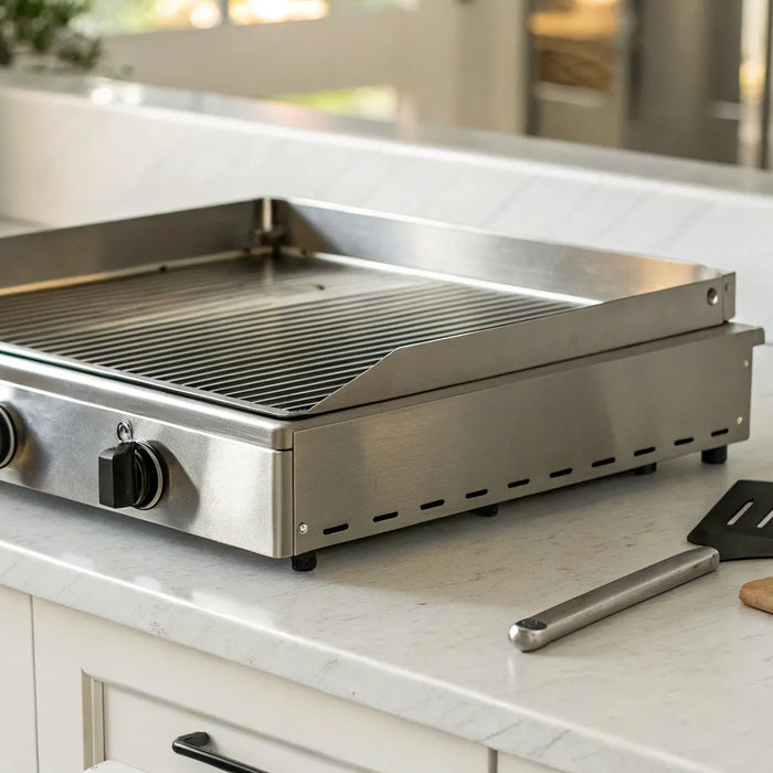 A propane flat top grill with a large, steel cooking surface.