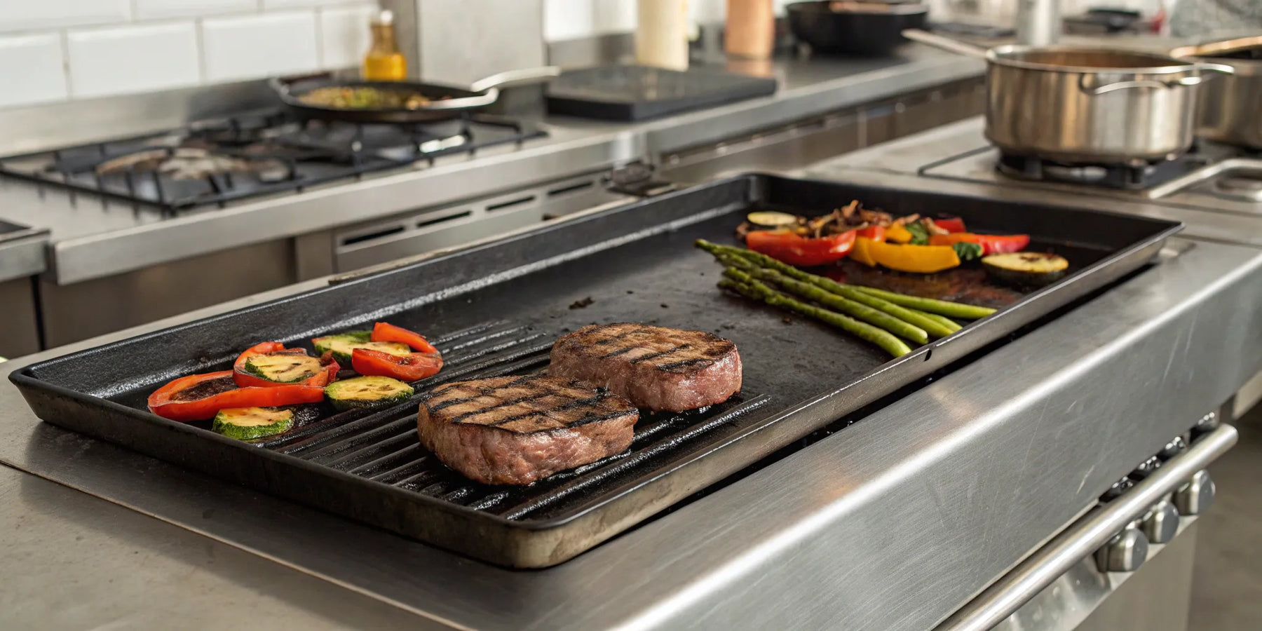 Chef cooking steaks and vegetables on a commercial flat top grill in a restaurant.