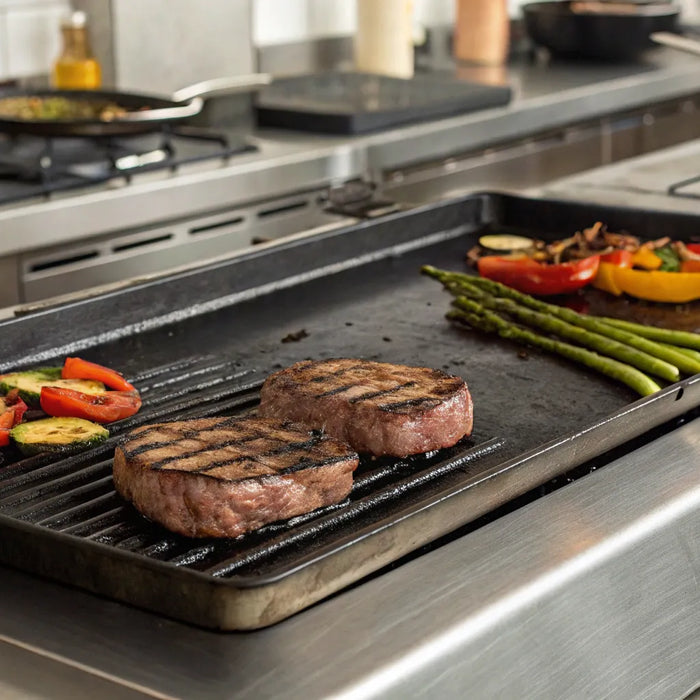Chef cooking steaks and vegetables on a commercial flat top grill in a restaurant.