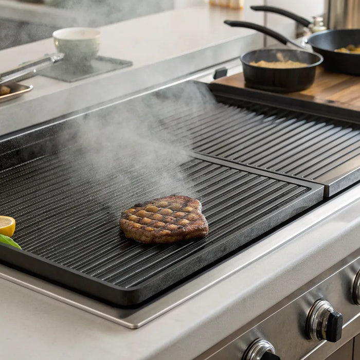 Flat top grill searing steak and vegetables.