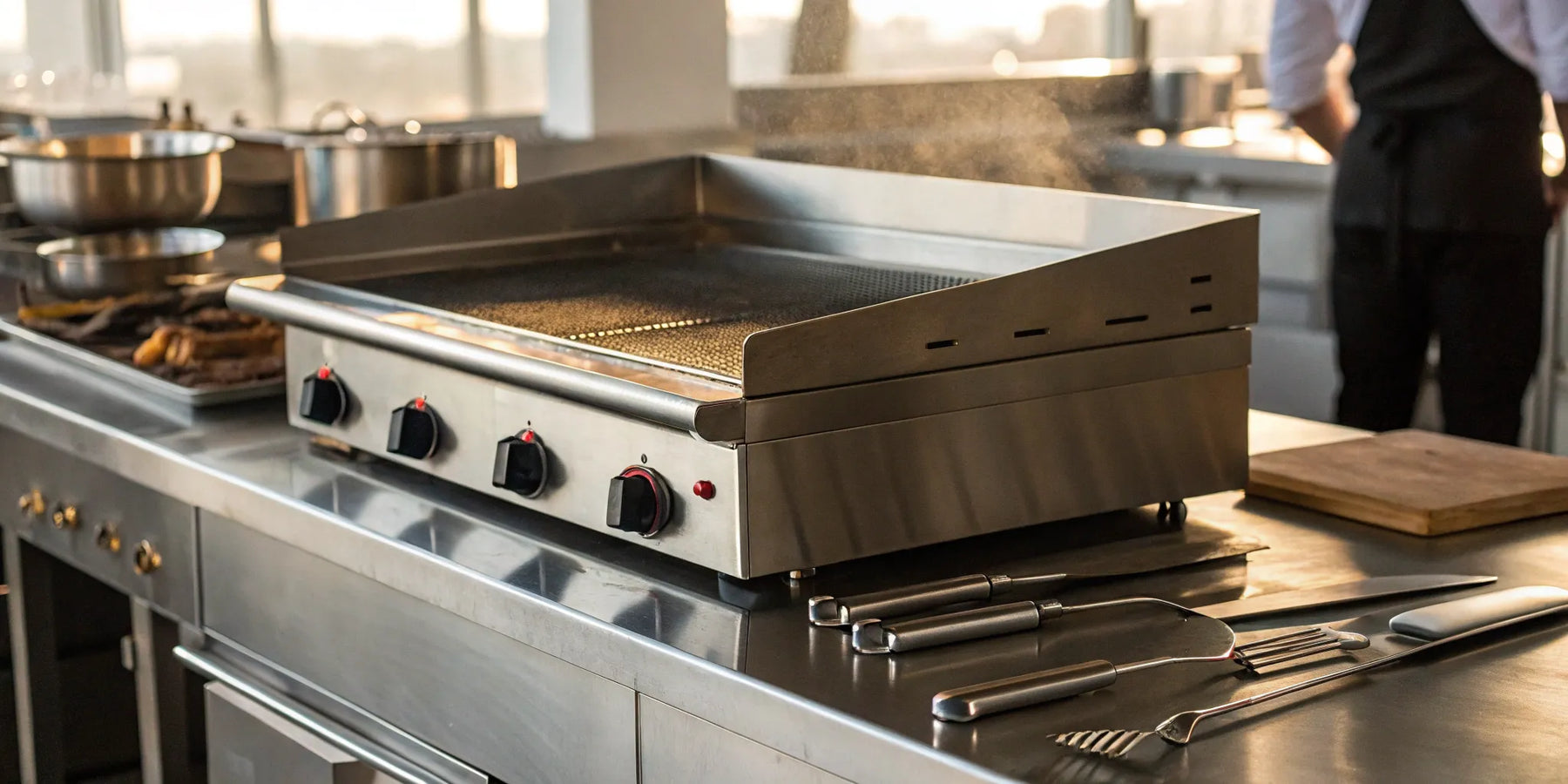 A commercial flat top propane grill with utensils on a stainless steel counter.
