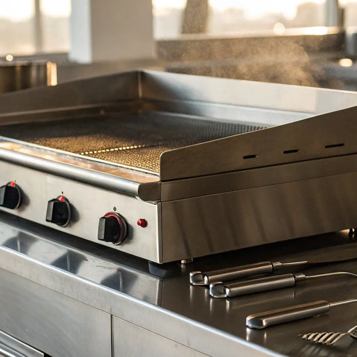 A commercial flat top propane grill with utensils on a stainless steel counter.