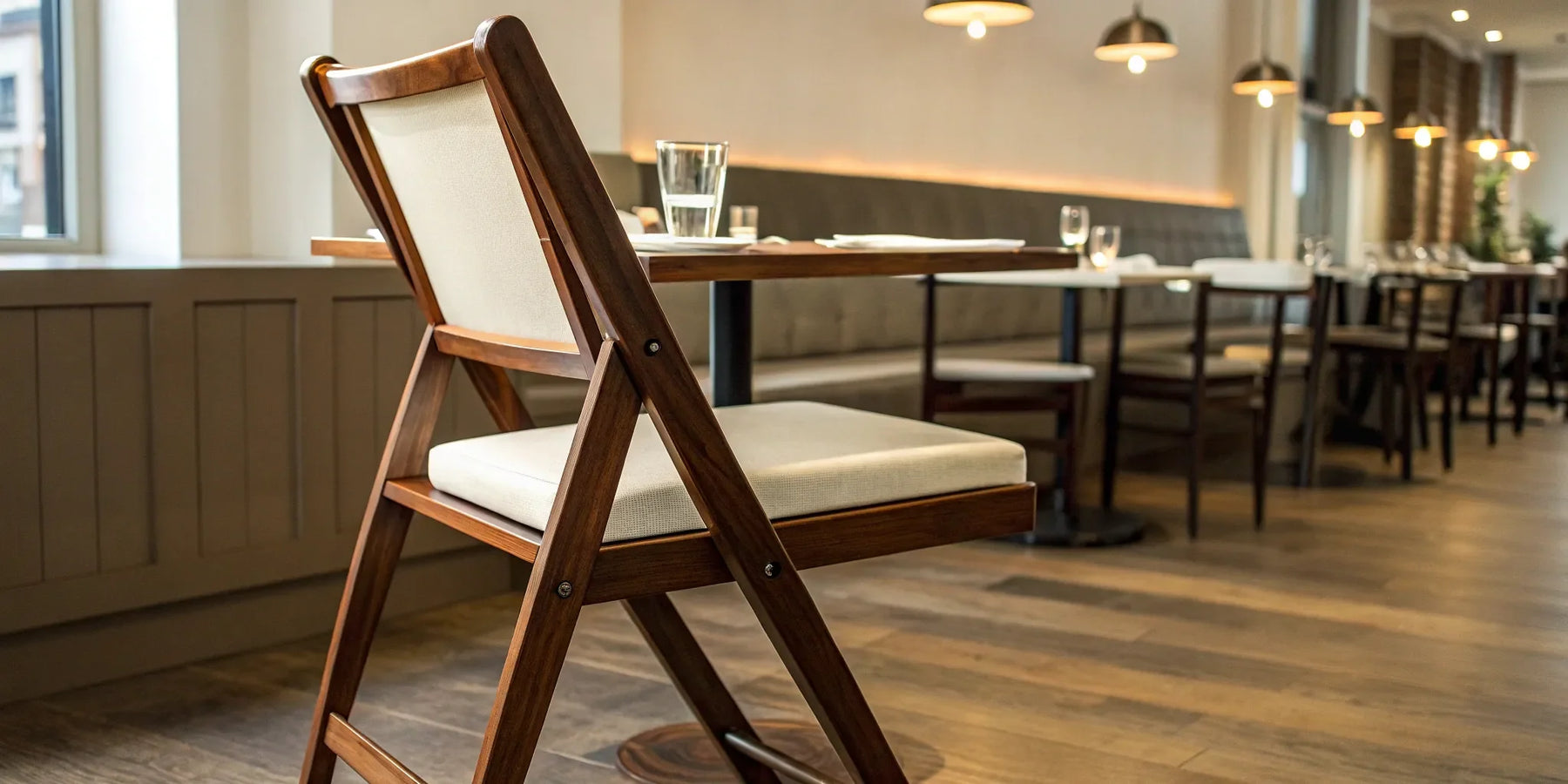 Padded folding chair at a restaurant table.