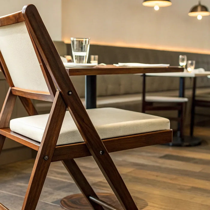 Padded folding chair at a restaurant table.