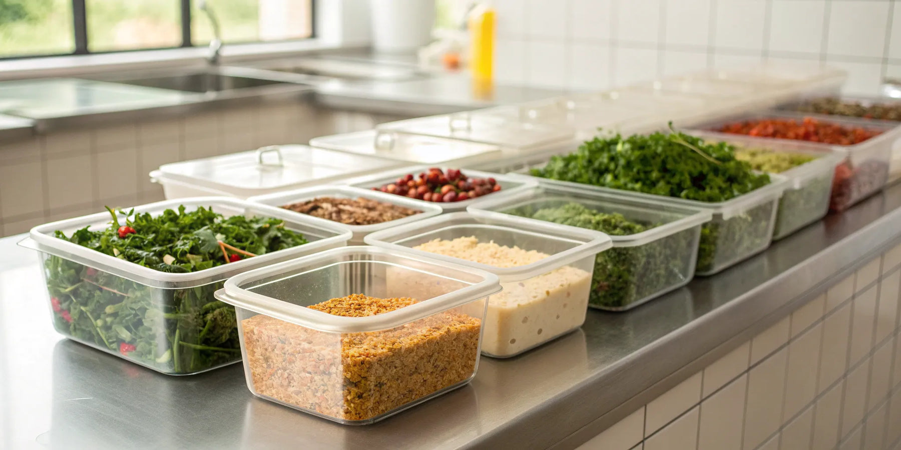 Clear plastic food containers for restaurants organized with fresh ingredients on a prep counter.