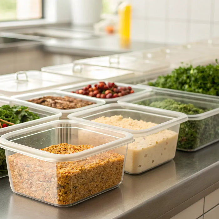 Clear plastic food containers for restaurants organized with fresh ingredients on a prep counter.