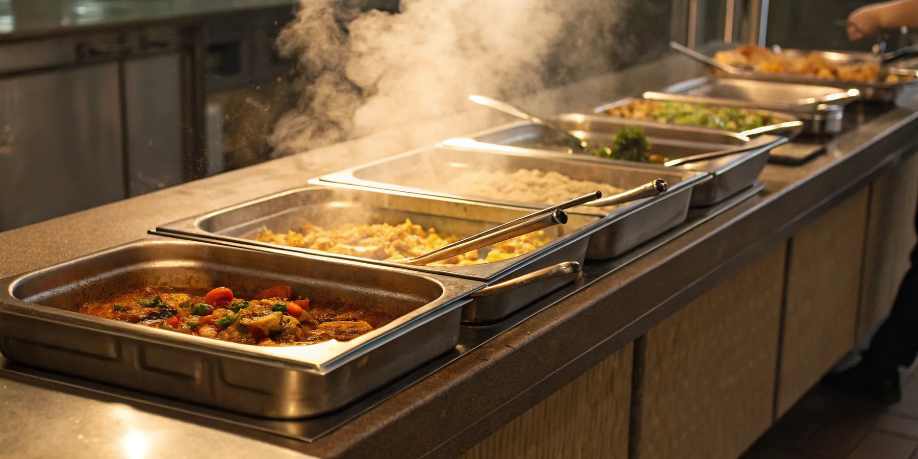 A stainless steel food warmer table holding several pans of hot food with steam rising.