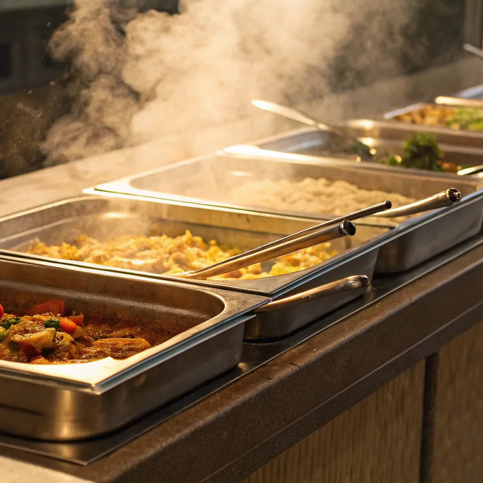 A stainless steel food warmer table holding several pans of hot food with steam rising.