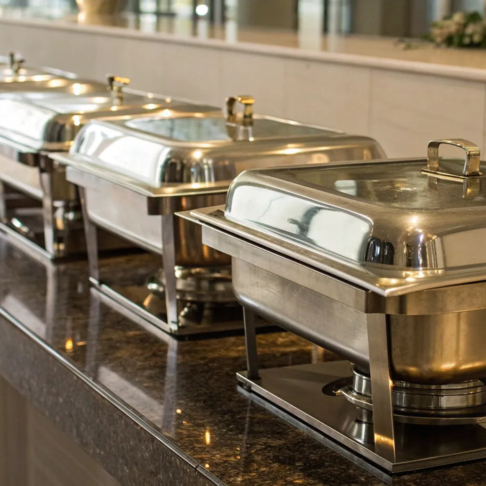 Commercial food warmers on a buffet counter.