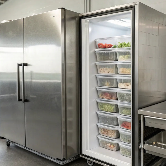 Stainless steel commercial freezer during sale.