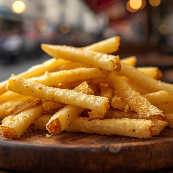 Crispy golden brown French fries served on a artisanal serving board