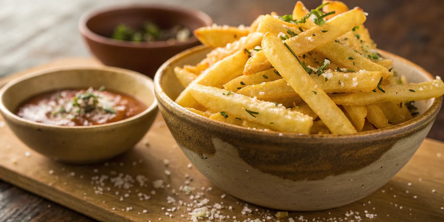 Crispy golden-brown french fries seasoned with herbs and served with dipping sauce.