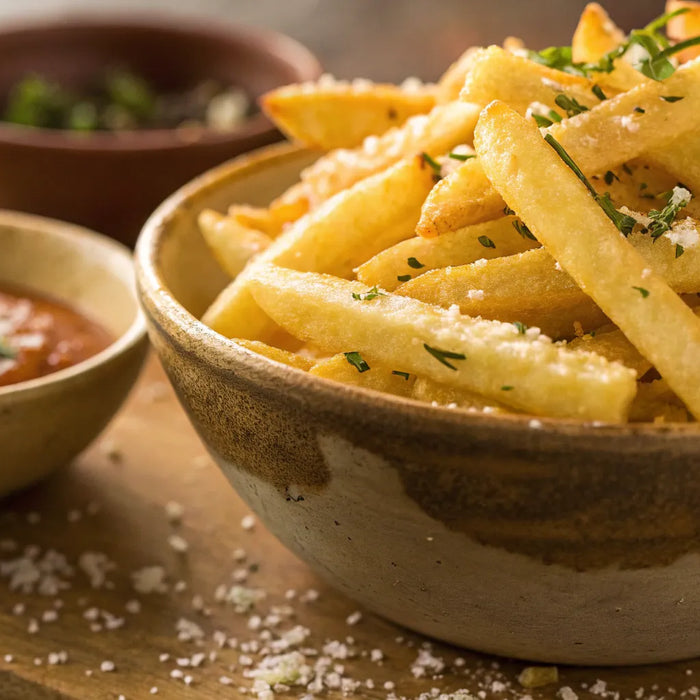 Crispy golden-brown french fries seasoned with herbs and served with dipping sauce.