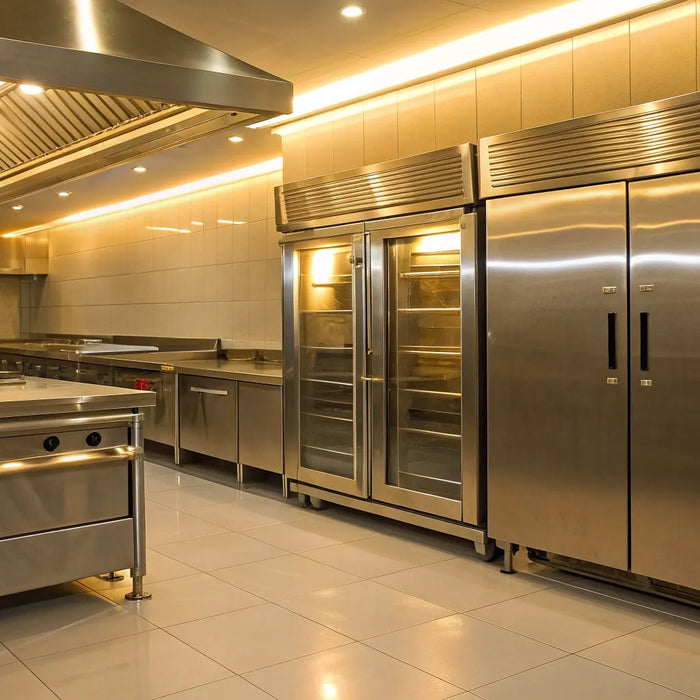 A row of stainless steel commercial frozen machines in a restaurant kitchen.