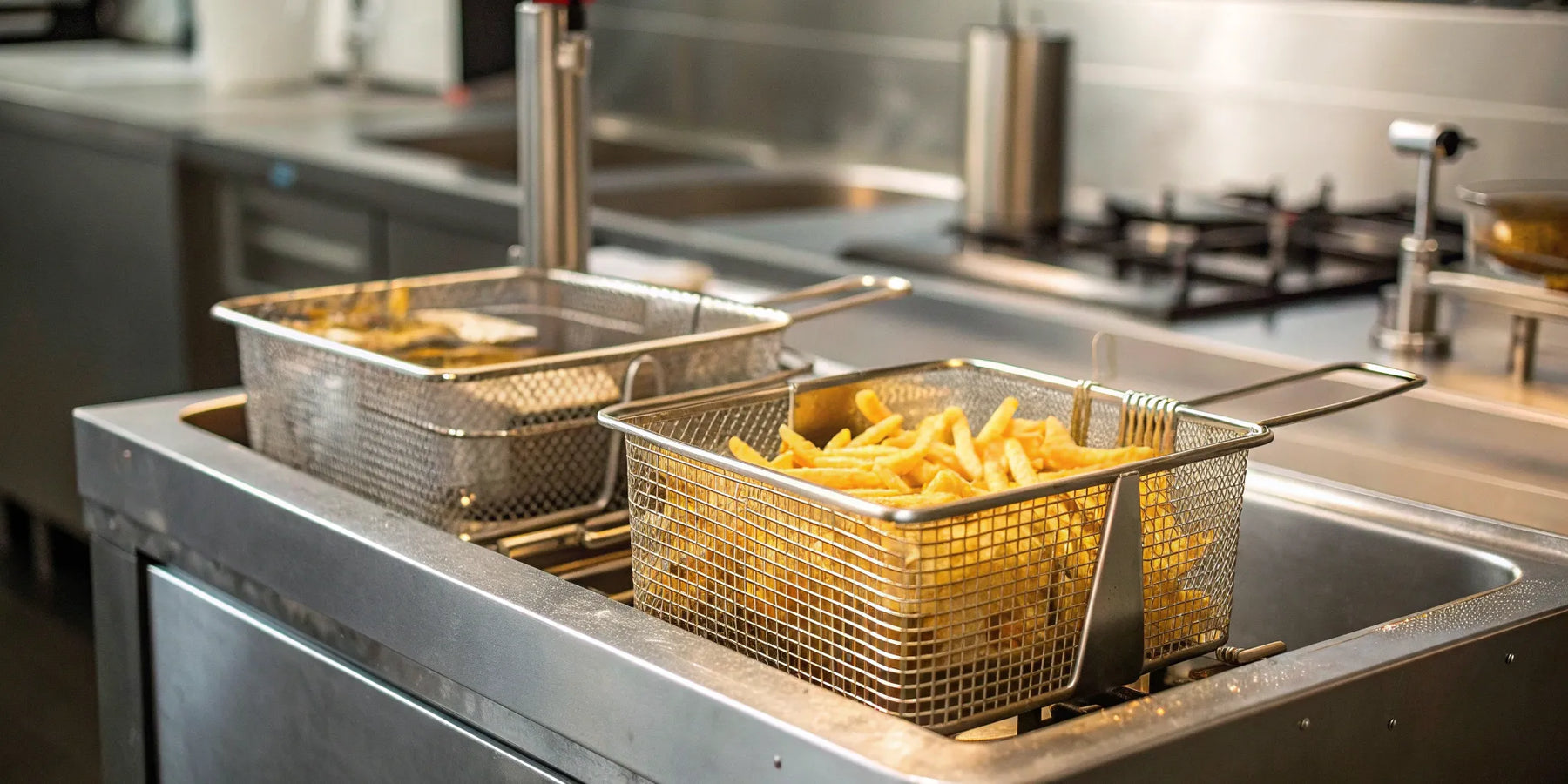 A row of stainless steel commercial fryers in a restaurant kitchen.