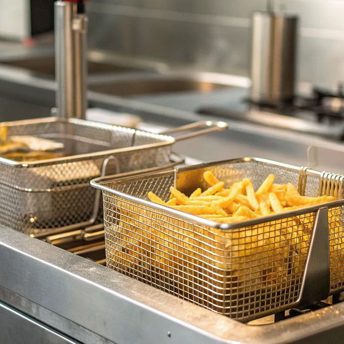 A row of stainless steel commercial fryers in a restaurant kitchen.