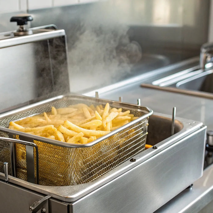 Frymaster deep fryer cooking french fries in a commercial kitchen.