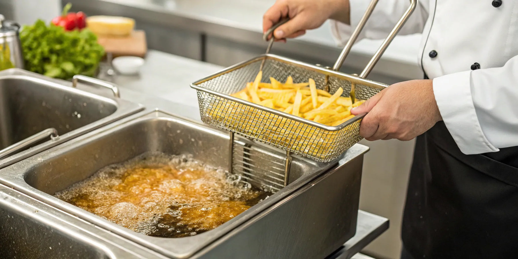 Frymaster deep fryer in action.