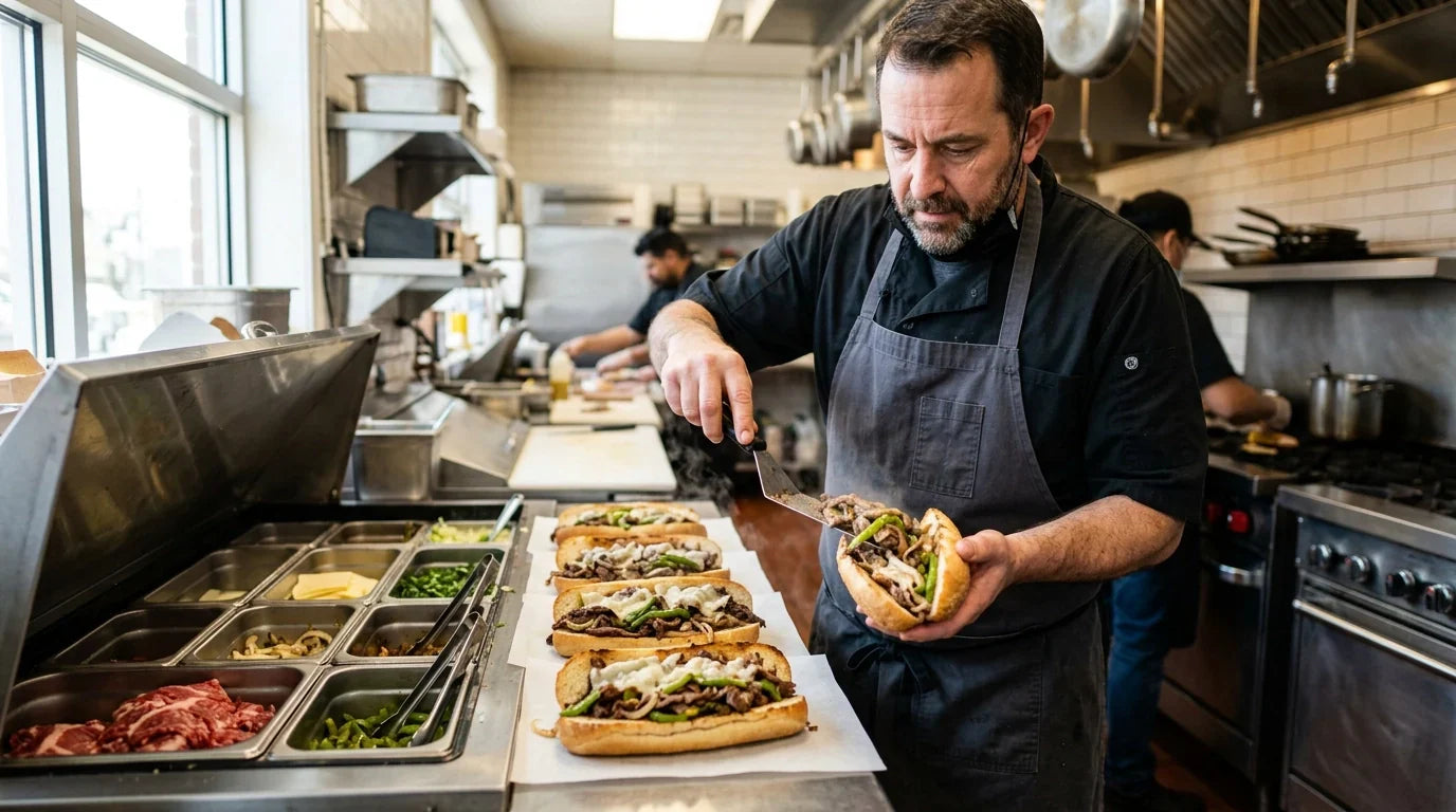 A professional chef assembling Philly cheesesteaks at a high-capacity sandwich prep table in a busy commercial kitchen