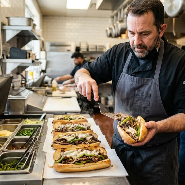 A professional chef assembling Philly cheesesteaks at a high-capacity sandwich prep table in a busy commercial kitchen