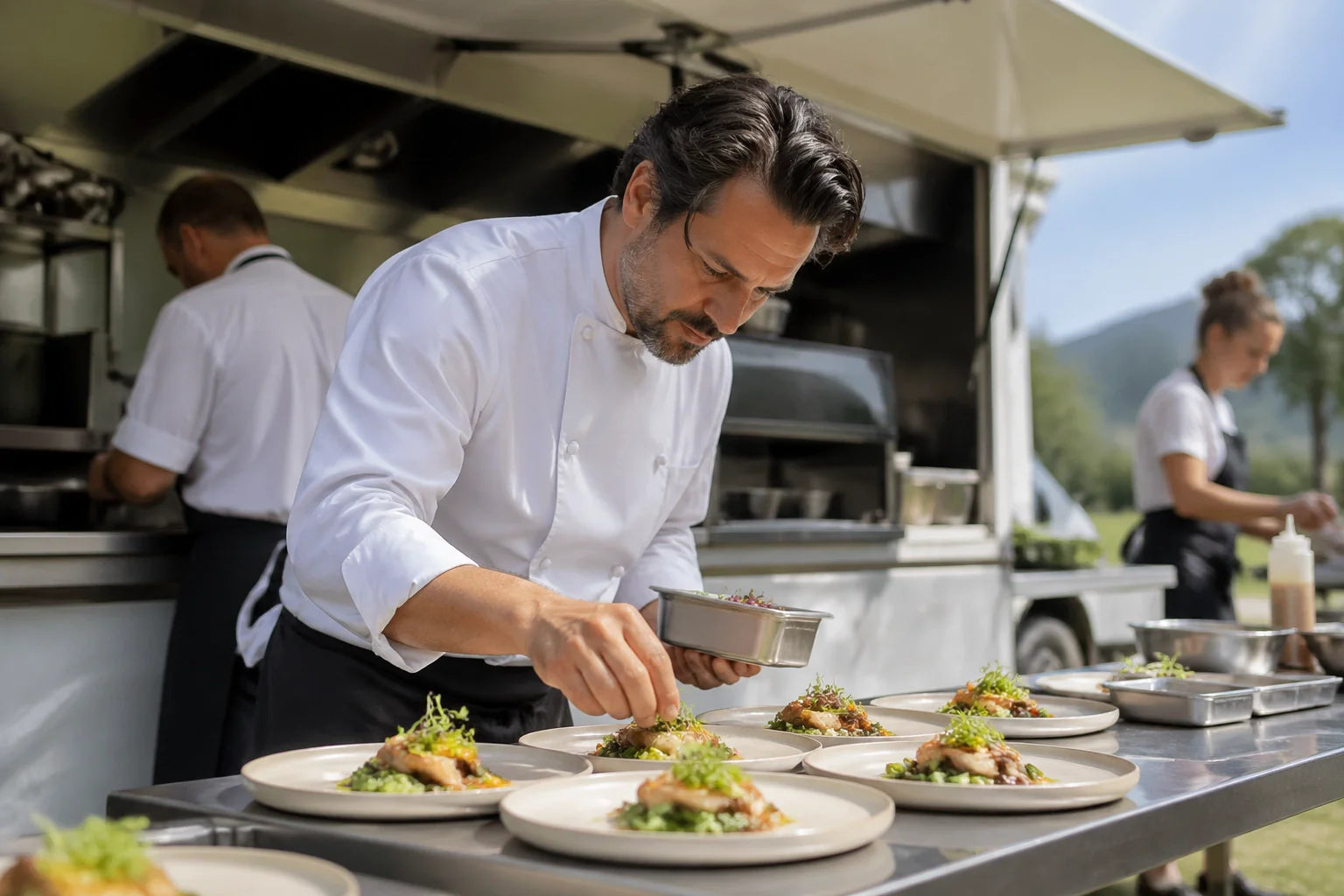 Professional catering team in action at an outdoor event