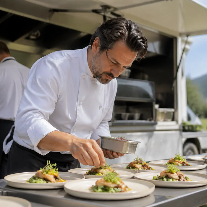 Professional catering team in action at an outdoor event
