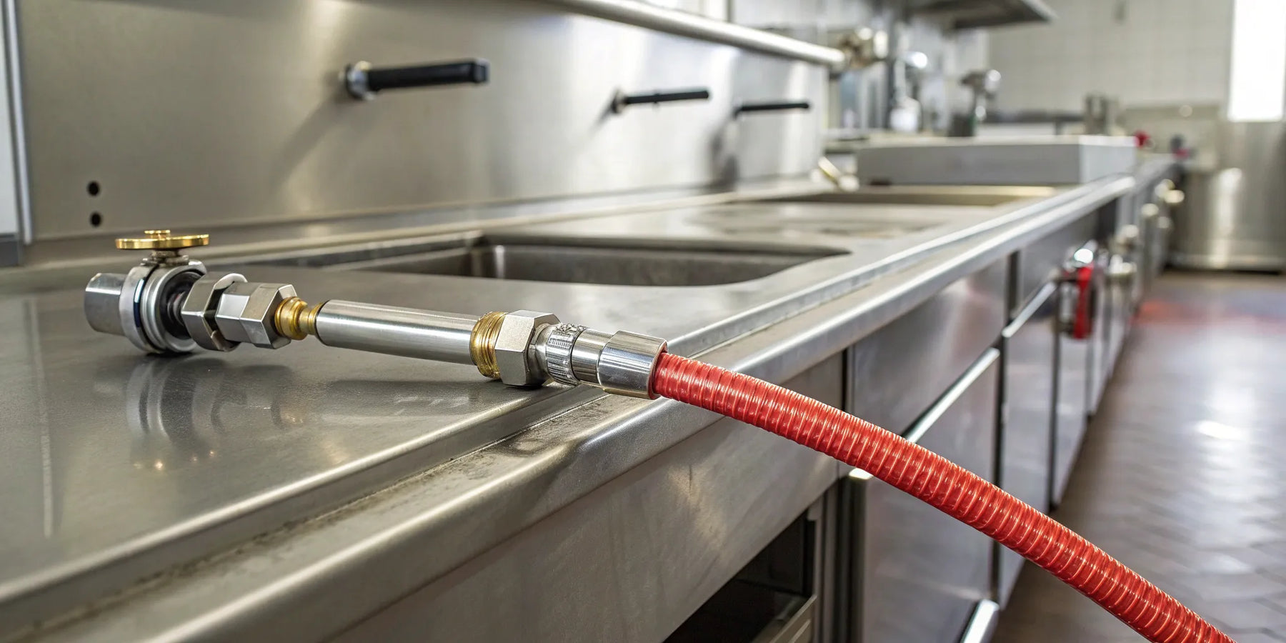 A flexible gas hose and connector for commercial kitchen equipment on a steel counter.