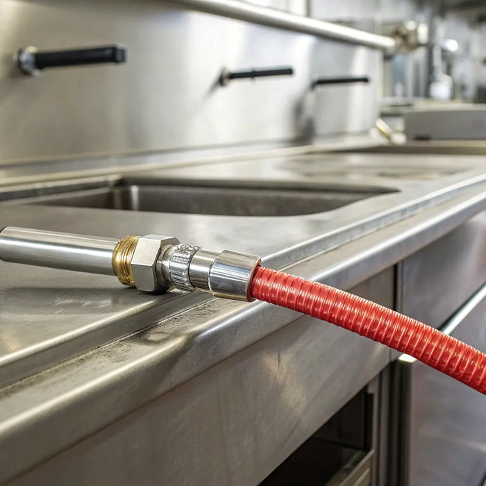 A flexible gas hose and connector for commercial kitchen equipment on a steel counter.