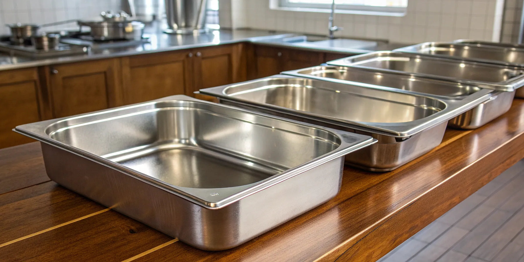 Various sizes of stainless steel gastronorm containers stacked in a professional kitchen.
