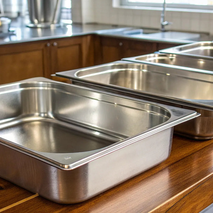 Various sizes of stainless steel gastronorm containers stacked in a professional kitchen.