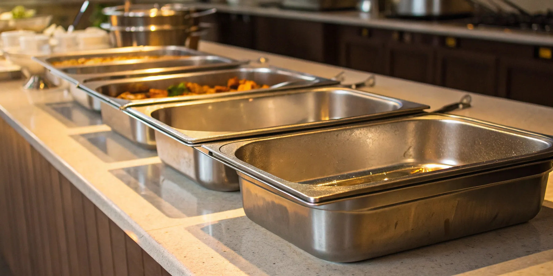 Gastronorm pans for efficient restaurant kitchen organization.