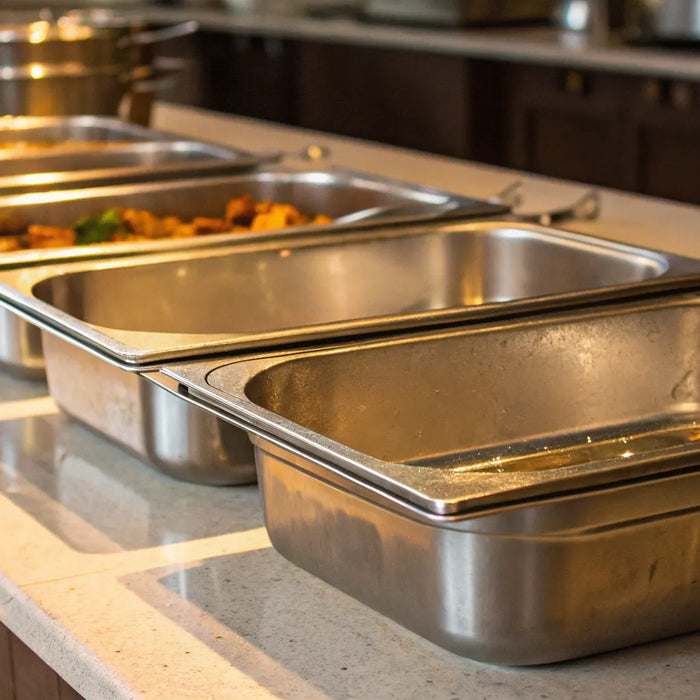 Gastronorm pans for efficient restaurant kitchen organization.