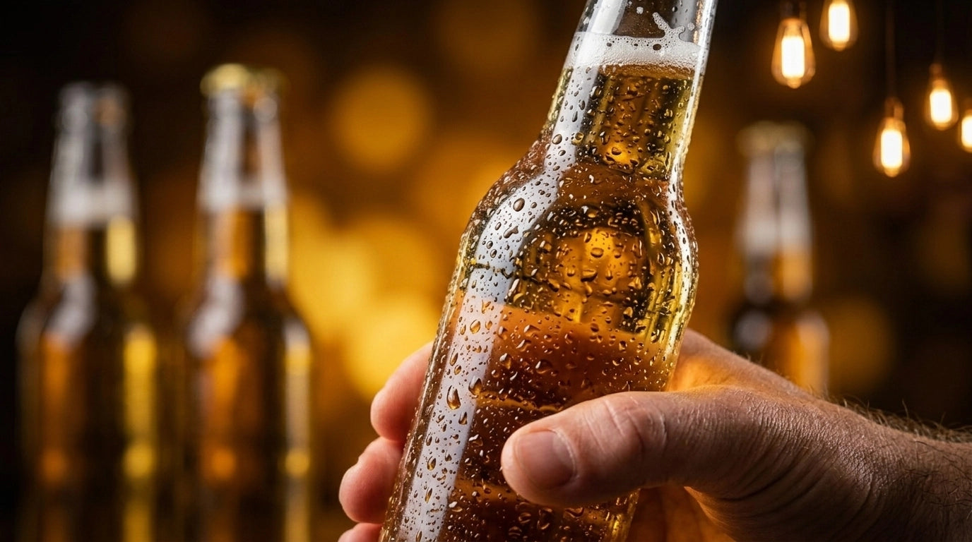 beer bottle in hand from well stocked back bar fridge