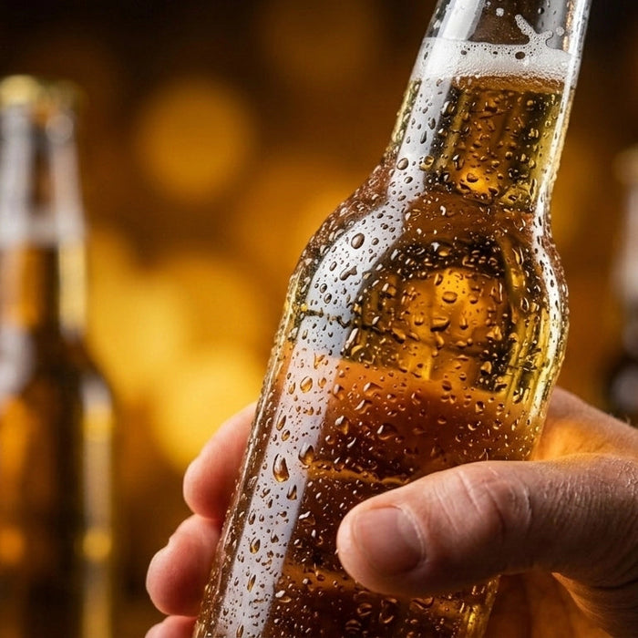 beer bottle in hand from well stocked back bar fridge