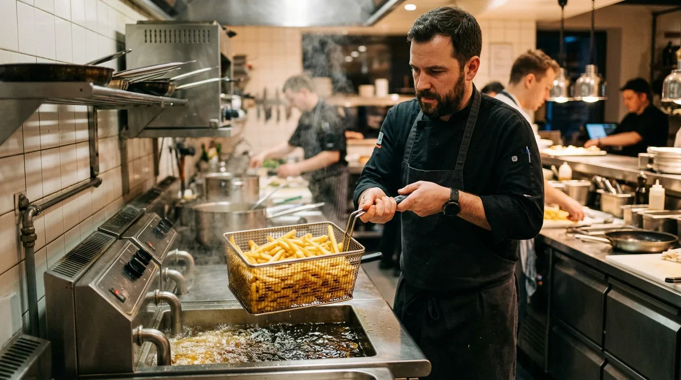 Chef lifting a basket of golden French fries from a commercial deep fryer in a busy kitchen