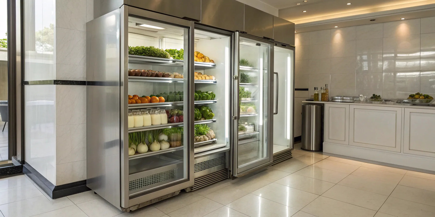 GDM-72 commercial refrigerator with adjustable shelves, displaying fresh produce.