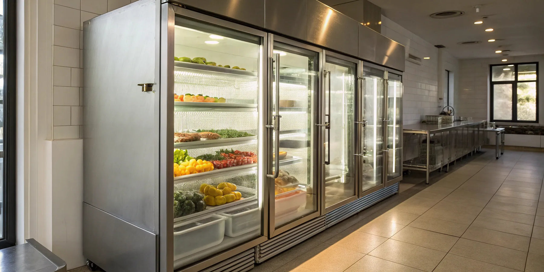 Glass door freezer displaying organized products.