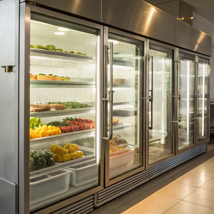 Glass door freezer displaying organized products.