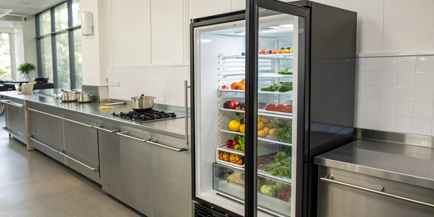 A commercial glass door fridge freezer with organized shelves of fresh ingredients in a kitchen.