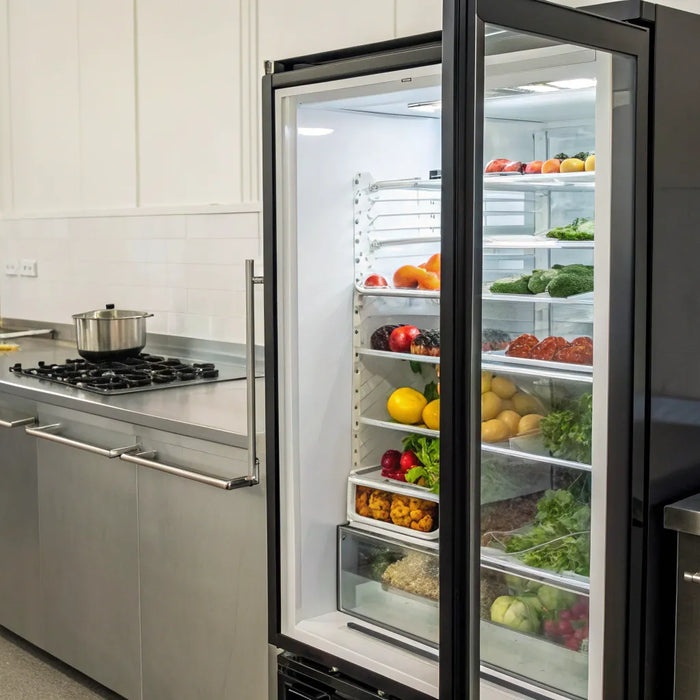 A commercial glass door fridge freezer with organized shelves of fresh ingredients in a kitchen.
