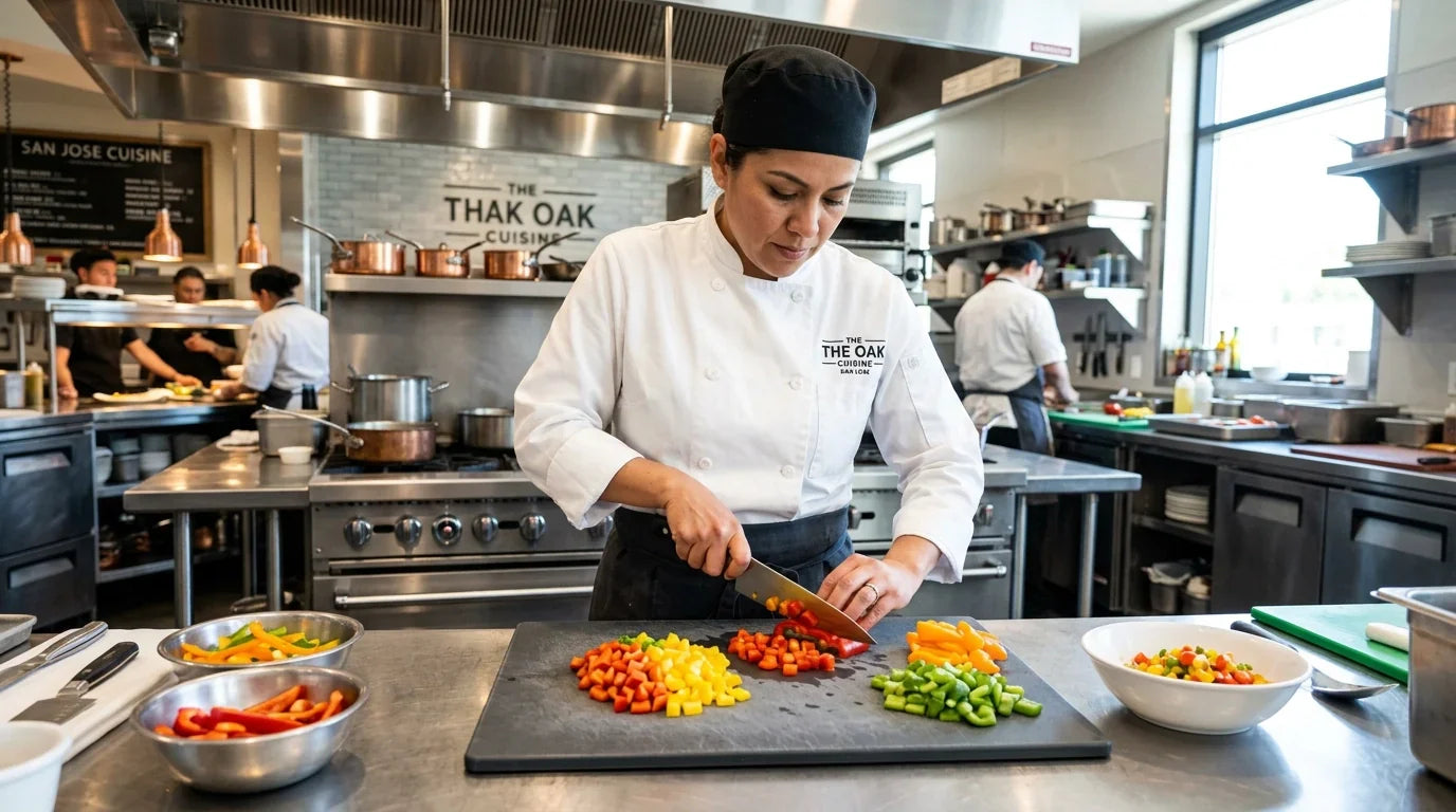 Professional chef prepping vegetables in a high-end San Jose commercial kitchen