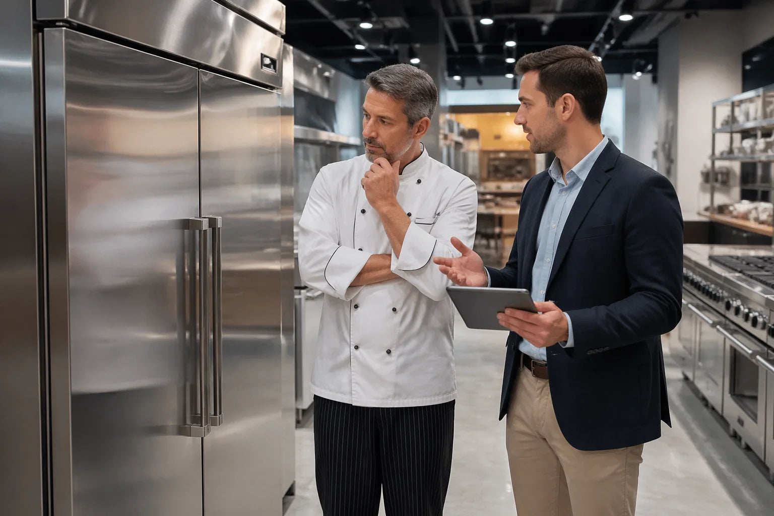 Executive chef is thoughtfully inspecting a sleek, stainless steel reach-in refrigerator. Next to him, a professional advisor in smart business casual holds a digital tablet, discussing ROI and lease options.
