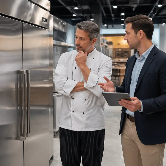 Executive chef is thoughtfully inspecting a sleek, stainless steel reach-in refrigerator. Next to him, a professional advisor in smart business casual holds a digital tablet, discussing ROI and lease options.