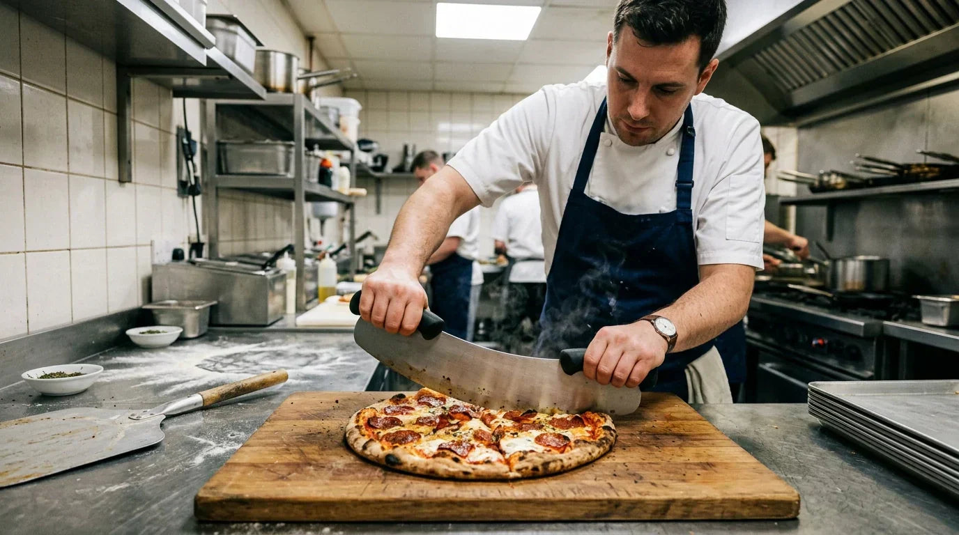 A professional chef uses a large stainless steel pizza rocker with dark handles to slice a fresh, steaming pepperoni pizza in a real commercial kitchen