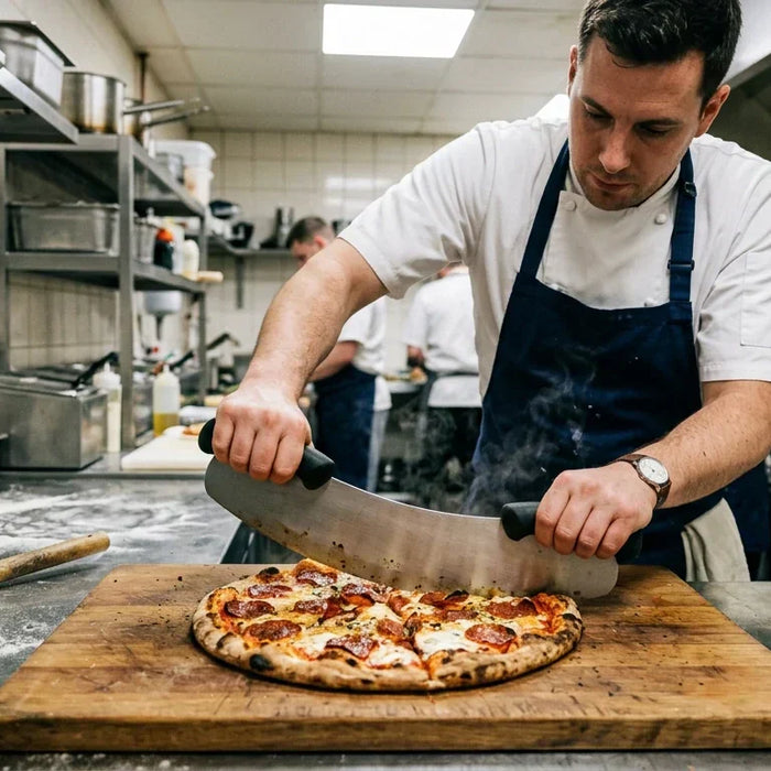 A professional chef uses a large stainless steel pizza rocker with dark handles to slice a fresh, steaming pepperoni pizza in a real commercial kitchen