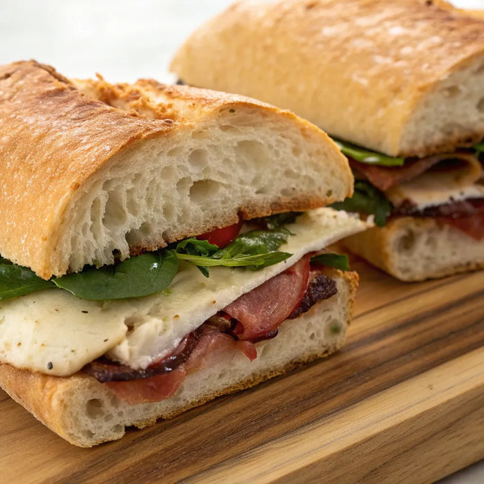 Hoagie and sub sandwiches with meat, cheese, and greens on a wooden board.