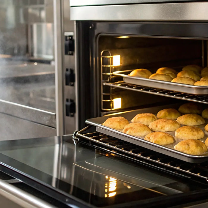 Golden brown bread rolls baking with steam inside a home combi oven.
