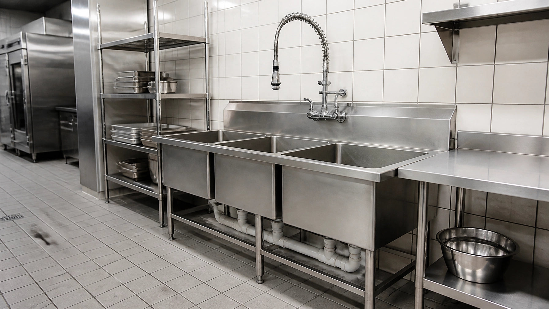 Heavy-duty 3-compartment stainless steel industrial sink with drainboards in a commercial restaurant kitchen