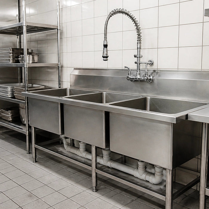 Heavy-duty 3-compartment stainless steel industrial sink with drainboards in a commercial restaurant kitchen